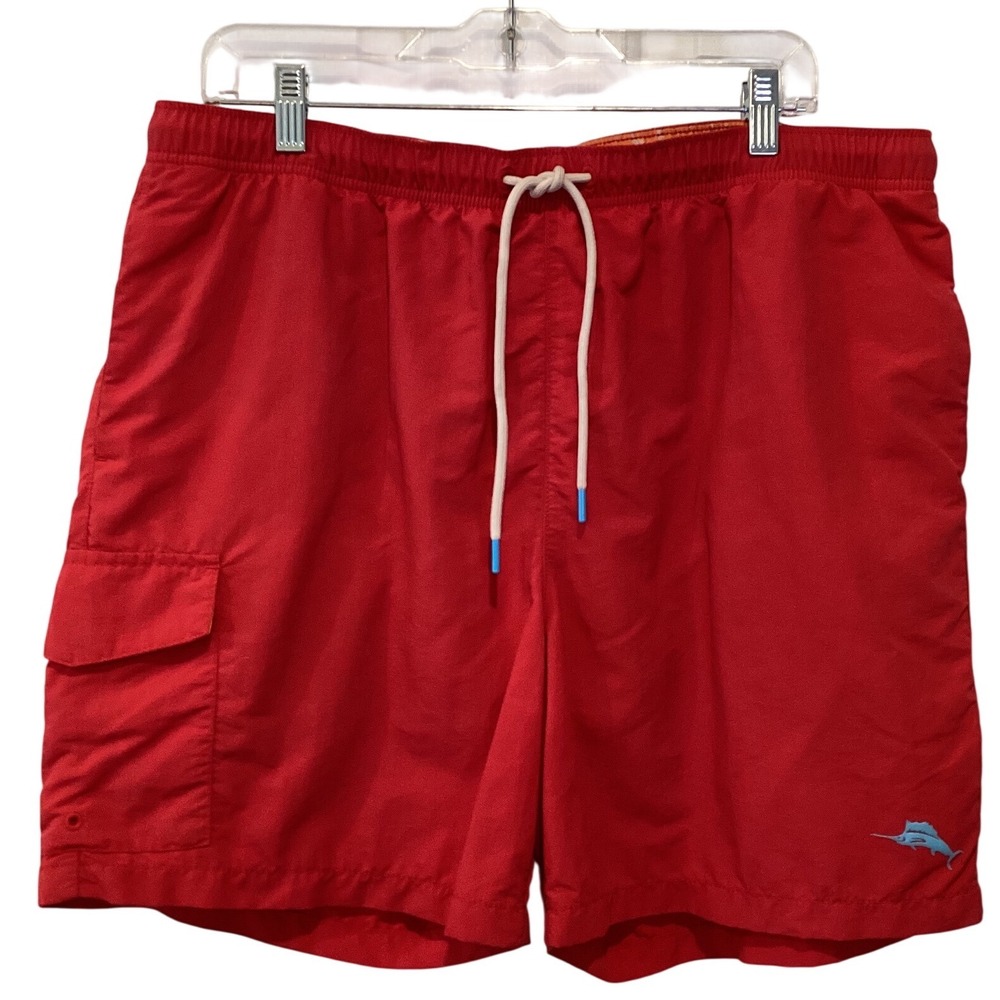 Tommy Bahama Mens Red Swim Trunks Mesh Lined Cargo Pocket Marlin Logo - Large
